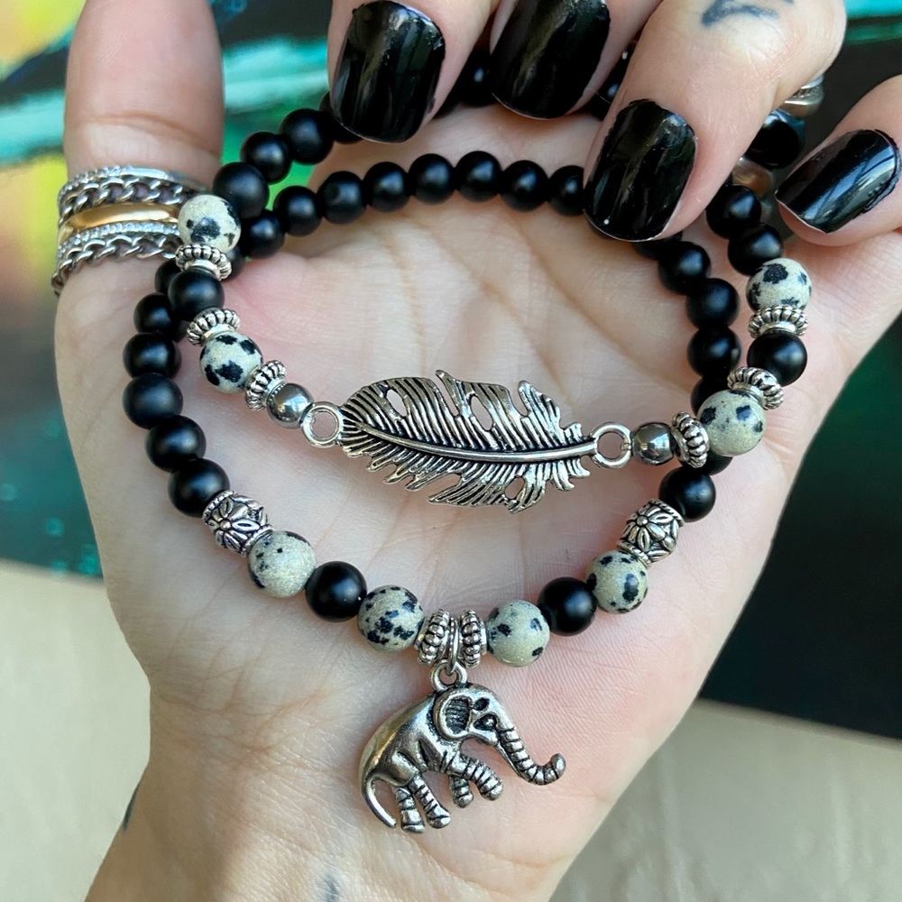 Onyx & jasper elephant leaf feather set bracelets - Picture 3 of 13